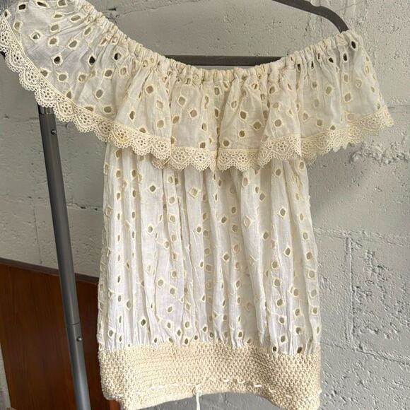 Cream White - Off Shoulder Cropped Top - NEW Linen - Size Small - Picture 1 of 4